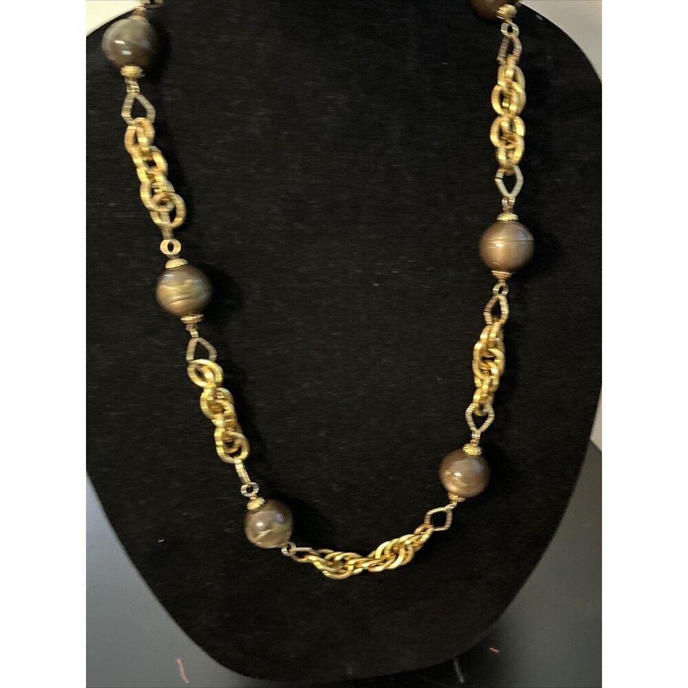 Vintage Rare Freirich SIgned Brown Lucite  Chunky Bead Gold Rope Necklace 30”